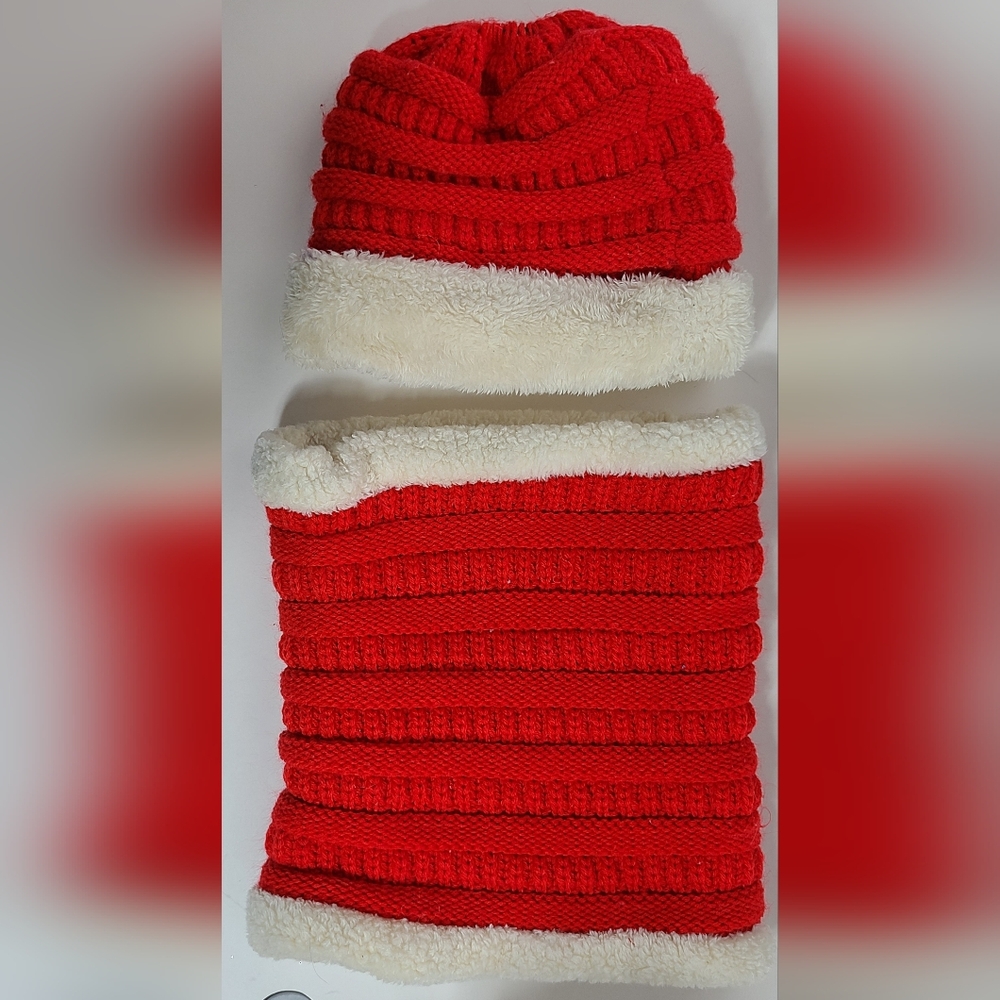 Kids' Red And White Ponytail Hat And Neckwarmer